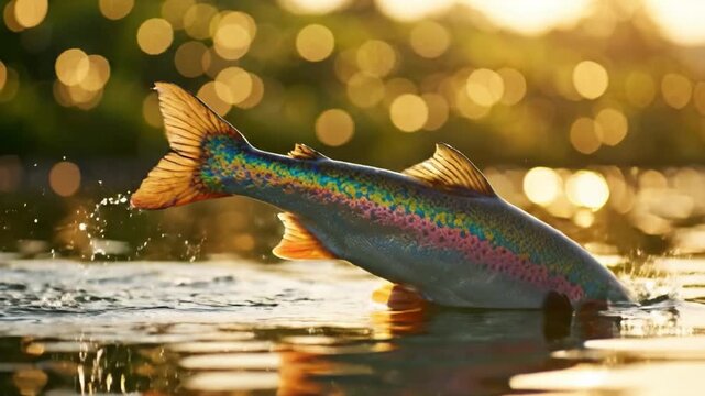 A Vibrant Leap: A Fish Breaks the Surface of a Serene Water Body, Capturing the Beauty of Nature Amidst Sparkling Reflections in the Golden Light