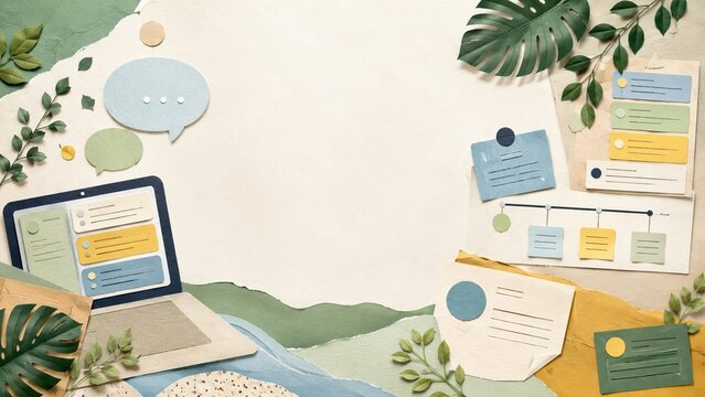 AI meeting summary workspace background with copy space, Collage Art style