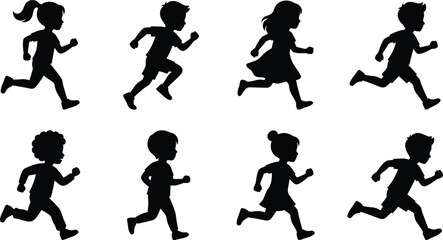 Set of eight black silhouettes of young children running in various directions and poses, isolated on a white background, for educational or, active lifestyle