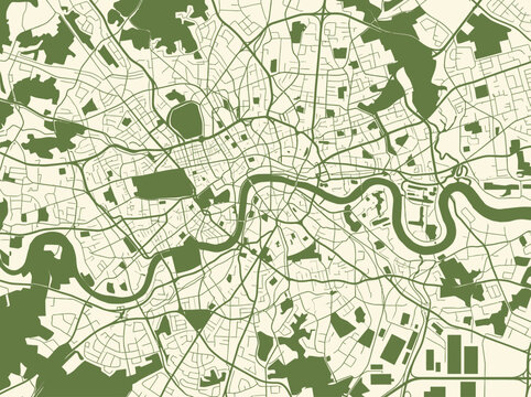 London City Vector Map Illustration with River Thames and Parks
