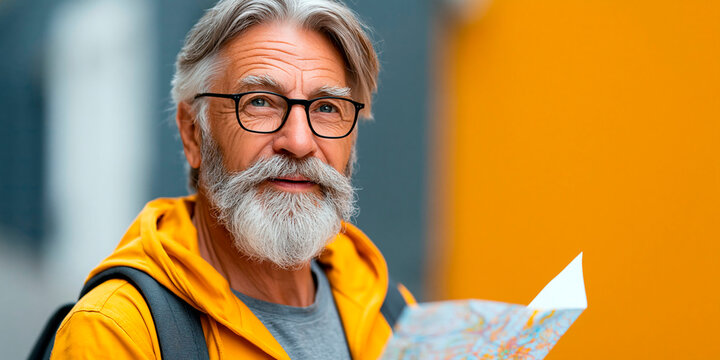 Senior traveler with gray beard and glasses holding map, wearing yellow jacket and backpack against colorful urban background