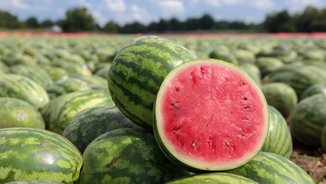 Ripe Watermelon Half Reveals Juicy Red Flesh Amidst Field of Green Melons.