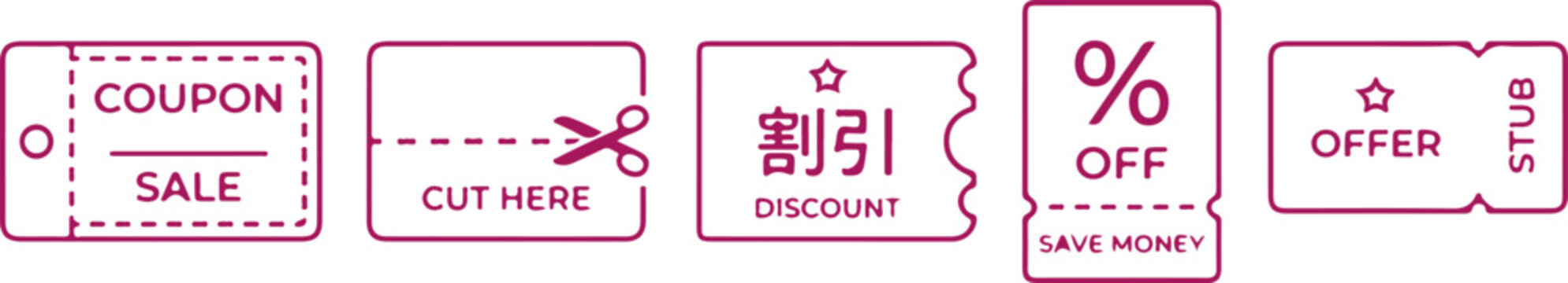 Coupon sale cut here discount offer save money voucher ticket set icons graphic design vector.