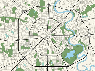 Fototapeta premium Modern Vector City Map with Radial Urban Layout, River, and Green Parks