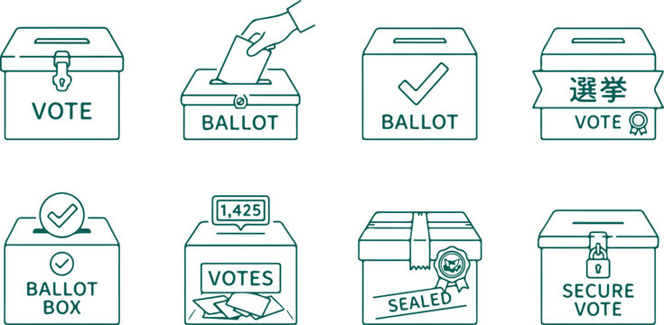 Election and voting icons set including ballot boxes voting slips a hand casting a vote check marks and election results for democratic process and campaign design on transparent background.
