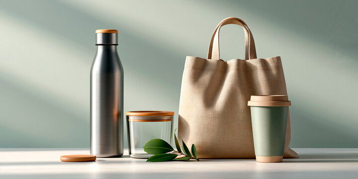 Reusable sustainable products including metal water bottle, tote bag, glass container and travel cup representing zero waste lifestyle