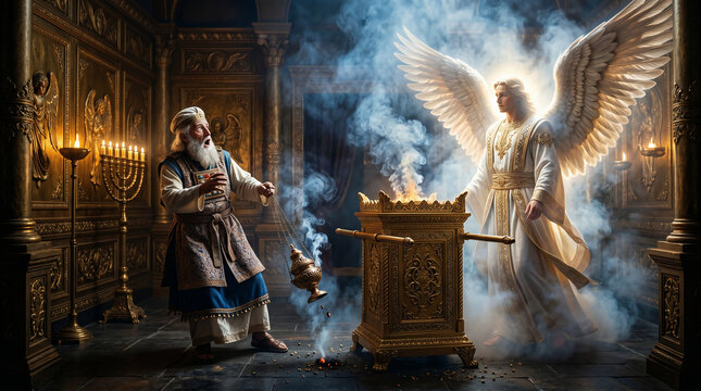 The Angel Gabriel appearing to the priest Zechariah inside the holy place of the temple to announce the birth of John the Baptist