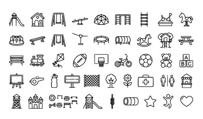 Fototapeta premium Children playground slide and playhouse outline icon set editable vector illustration