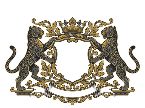 Vintage heraldic emblem featuring two jaguar  supporting a central shield with a crown and banner.
