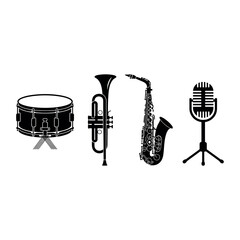 Naklejka premium Musical instrument icons set. Jazz band equipment including drum, trumpet, saxophone and mic.