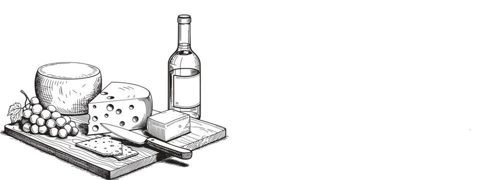 Vintage hand drawn cheese and wine still life, rustic wood board with grapes and crackers, classic black and white food illustration vector