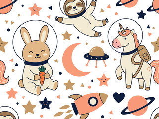 Fototapeta premium Cute Animal Astronauts Space Seamless Pattern