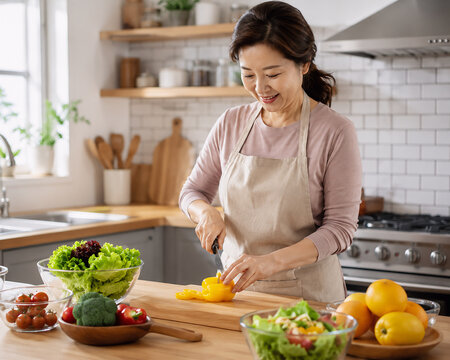 Smiling Asian middle aged woman chopping yellow paprika for healthy salad in modern kitchen, happy senior female preparing fresh meal at home