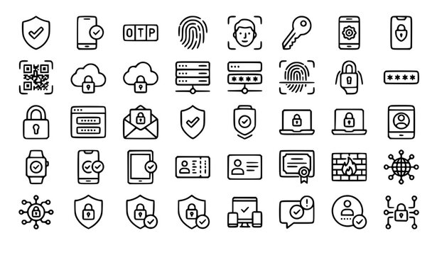 Two Factor Authentication 2FA Line Icon Set with Secure Login and Cybersecurity Symbols