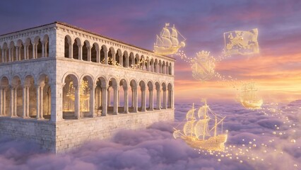 Obraz premium Ethereal Floating City of Arches Above Clouds with Glowing Ships