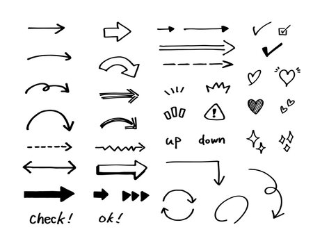 Hand drawn arrow set, doodle marker arrows, check marks, hearts and sparkles collection / 手描き矢印セット マーカー風 doodle 矢印・チェック・ハート・キラキラ素材