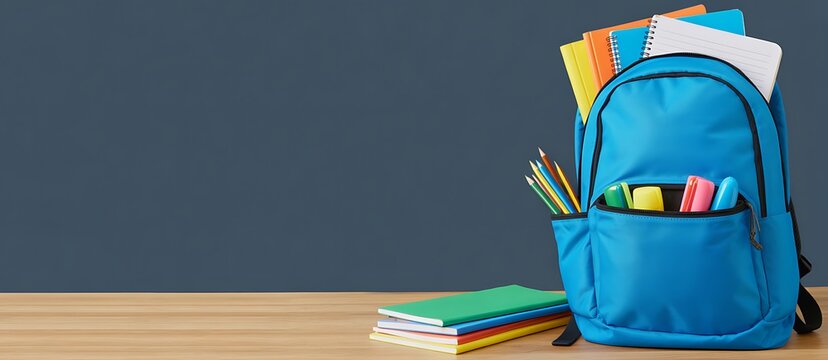 Blue backpack filled with school supplies sitting on a wooden desk against a dark chalkboard background
