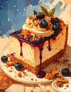 Slice of Blueberry Cheesecake with Cream and Berries Dessert