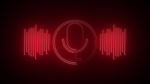 Glowing Neon Voice Recognition Microphone with Animated Audio Frequency Waves, Futuristic Sound Input Interface, Modern Voice Assistant Technology Motion Graphics Loop in 4K Background.