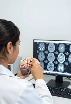Female researcher pointing at parietal lobe brain model in lab