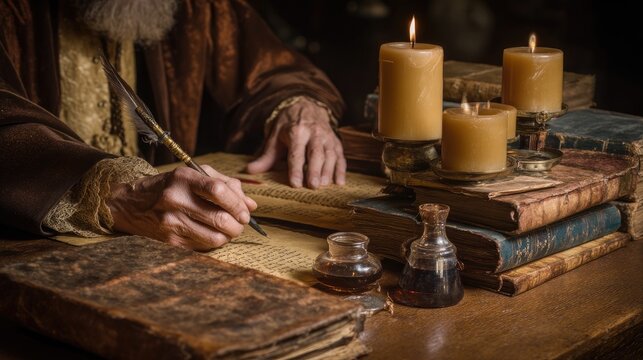 An elderly man, dressed in rich, dark robes, meticulously writes with a quill pen on an ancient parchment document.