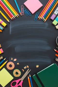 Flat lay of colorful school supplies arranged on a dark chalkboard background with copy space for text