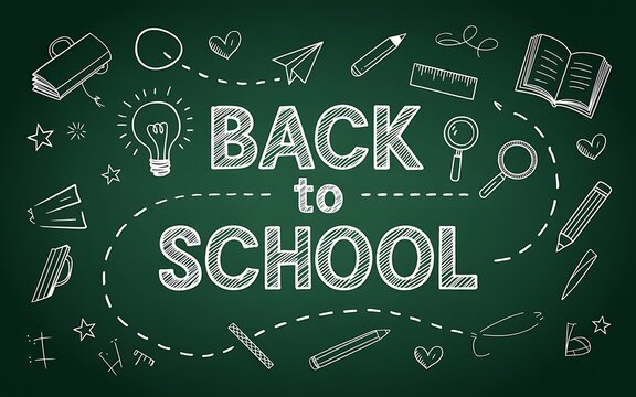 Back to school text with hand drawn doodle icons on a green chalkboard background for education design