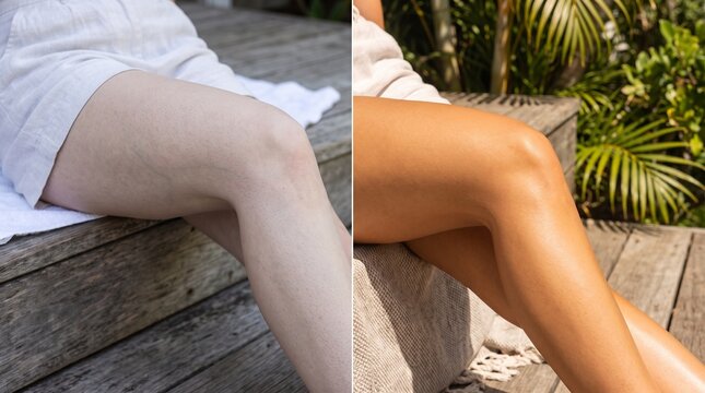Before and after sunless tanning application from pale to golden