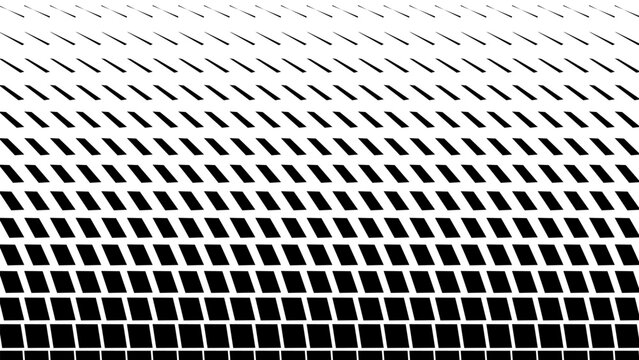 This modern black and white abstract pattern displays a detailed geometric gradient, transitioning from thin diagonal lines to solid squares in a structured visual progression.