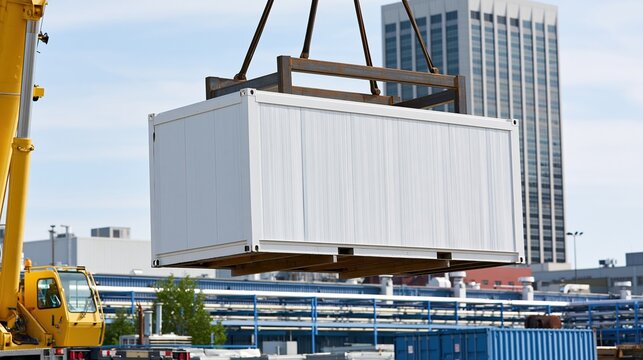Heavy duty crane lifting a white shipping container at a busy industrial port with city buildings in background