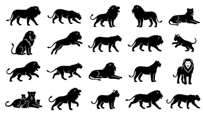 Obraz premium Lion silhouette icon collection wild animal vector symbols isolated on white