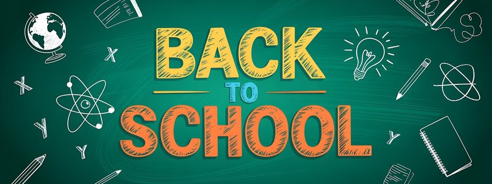 Back to school text design with colorful typography on a green chalkboard background with hand drawn education doodles