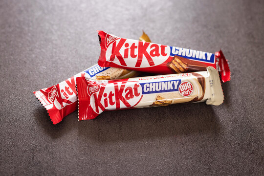A close-up of a Kit Kat Chunky wafer bar in milk chocolate, in the background. Russia, Moscow, July 24, 2026.