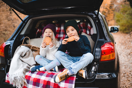 Cute children having picnic in car trunk sitting on checkered blanket in woods over autumn leaves. Fall season. Childhood.