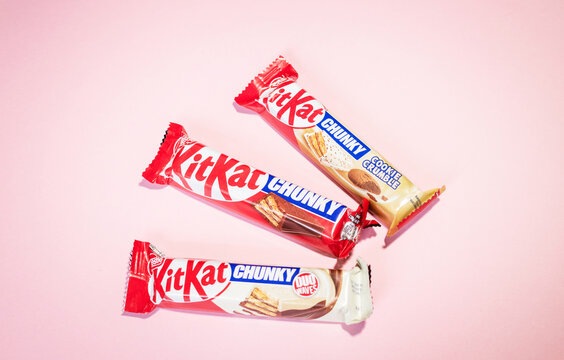 A close-up of a Kit Kat Chunky wafer bar in milk chocolate, in the background. Russia, Moscow, July 24, 2026.