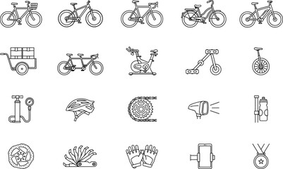 Cycling and Bicycle Equipment Outline Icon Vector Set with Road Bikes, Cargo Bike, Helmet, Repair Tools, Training Gear, and Cycling Accessories © MdSumon