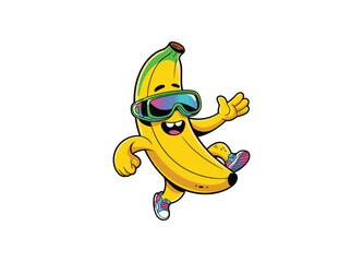 Obraz premium Cartoon banana wearing sunglasses and sneakers playfully waving on transparent background fruit.