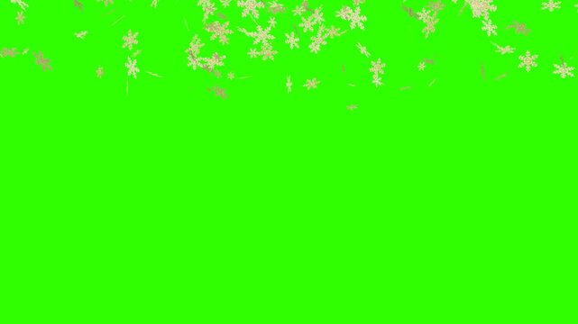 Festive animation of gold glitter snowflakes falling down against a green screen background