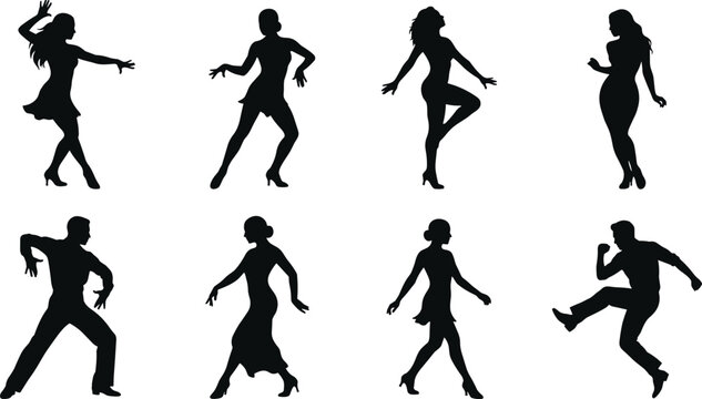 Dance Silhouette Collection with Male and Female Dancers Performing Modern and Latin Dance Poses