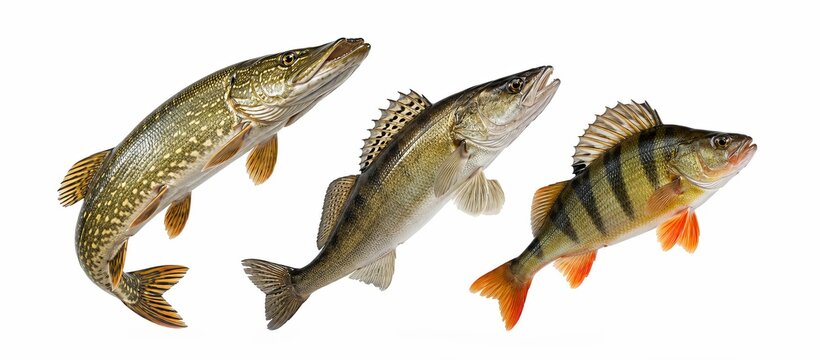Set of three predatory freshwater fish: Northern Pike, Zander, and European Perch isolated on white background