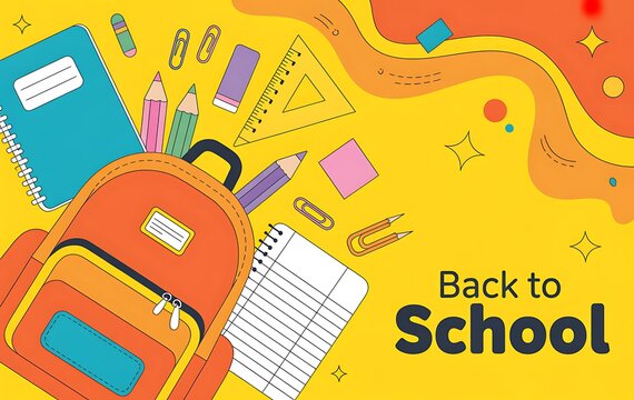 Back to school background featuring a colorful backpack with various educational supplies on a bright yellow surface