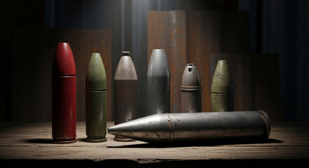 Obraz premium A collection of assorted bullets and casings displayed on a rustic wooden surface, symbolizing power, danger, and military history.