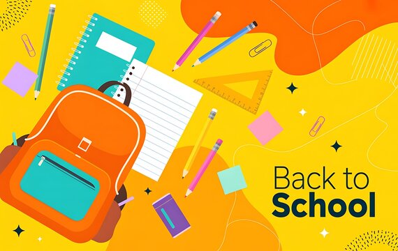 Back to school background with orange backpack and various school supplies on a bright yellow surface