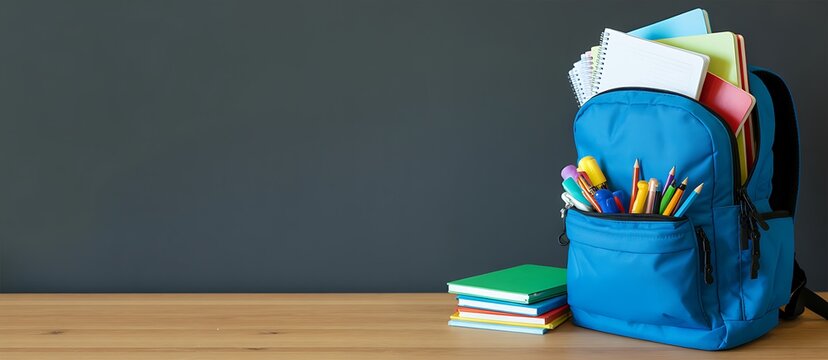 Blue backpack filled with school supplies and books sitting on a wooden desk against a chalkboard background