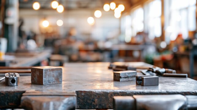 Metalworking workshop interior with tools and materials on workbench, ambient lighting