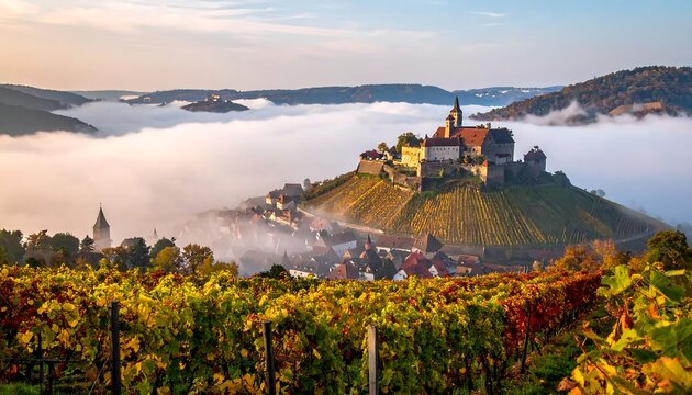 A picturesque hilltop town surrounded by vineyards and fog