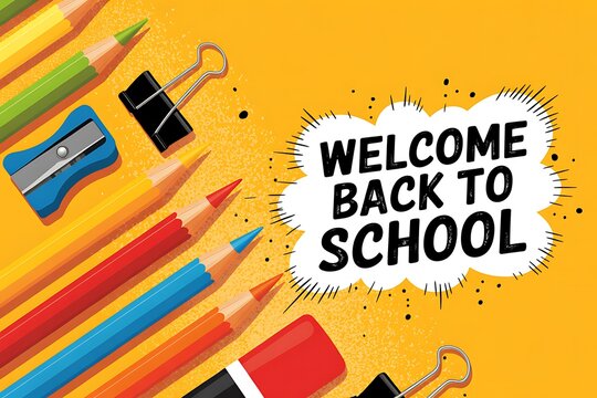 Welcome back to school background with colorful pencils and stationery items on a bright yellow surface