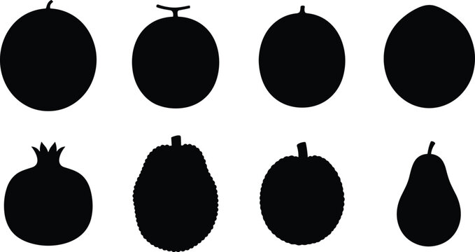 Tropical Fruit Silhouette Collection with Mango Melon Pomegranate Jackfruit Pear and Whole Fruit Icons