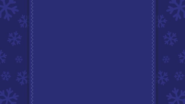 Seamless looping background animation of moving snowflakes and zigzag side lines with navy blue center text copy space area. Flat style winter holiday frame design concept