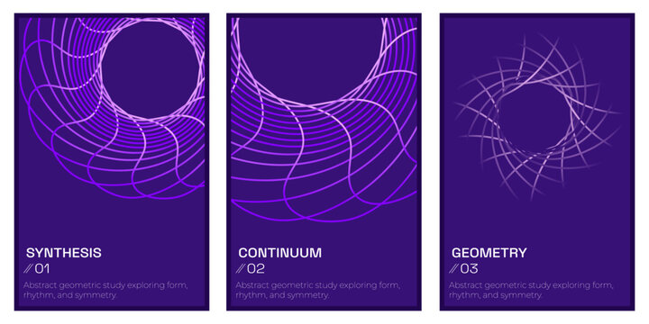 Abstract Geometric Line Art Poster Set, Modern Spirograph Wall Art Prints, Printable Poster Set, Living Room Decor, Purple Gradient Vector Triptych